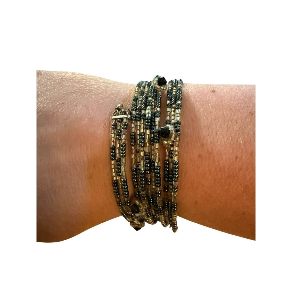 Adjustable Black & Clear Beaded Wire Wrap Bracelet